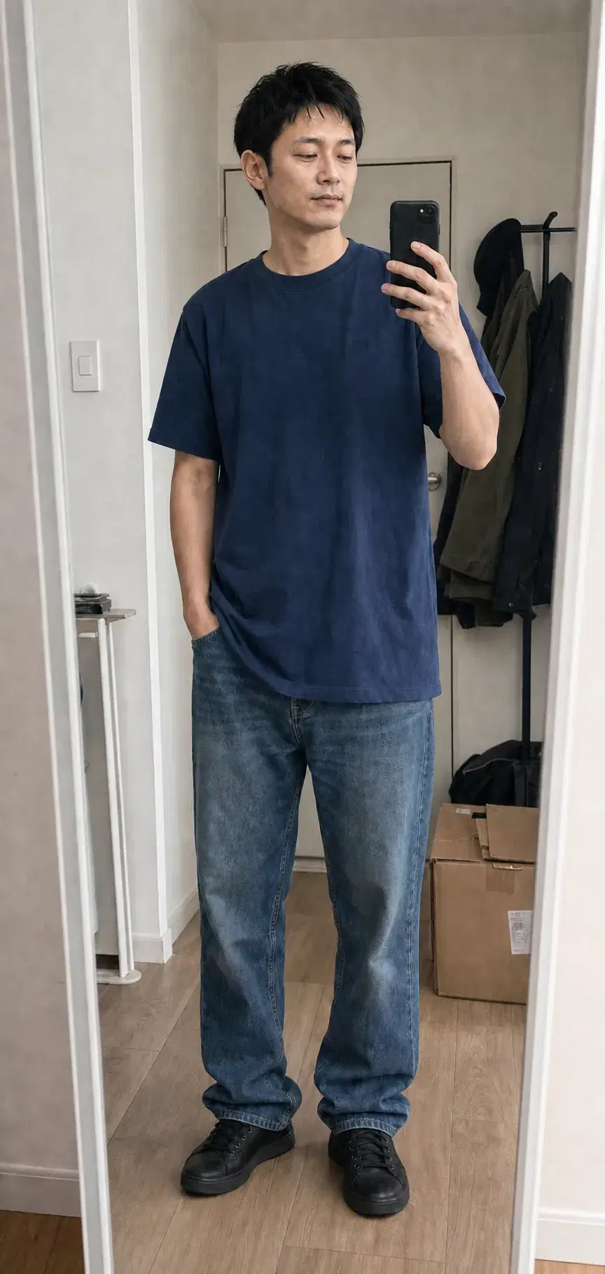 Full-body mirror photo used as the input for a Dressd styling example